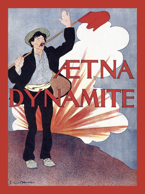 A man stands holding a flag with an explosion in the background. Poster Print by  Edward Penfield - Item # VARBLL0587415045