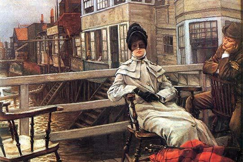 Young girl sits in a chair as a suitor looks endearingly at her on the wharf waiting for a ferry Poster Print by James Tissot - Item # VARBLL0587255579