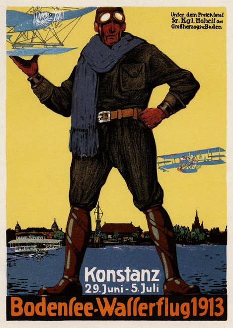 Pilot Hold up a Seaplane in his hands.  German poster for a sea plane company. Poster Print by unknown - Item # VARBLL0587412631
