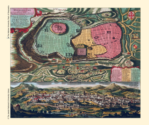 plan of ancient Jerusalem after Villalpando; at the bottom 1/3 of the map a bird's eye view of Jerusalem after Merian Poster Print by Mattheus Seutter - Item # VARBLL0587421312