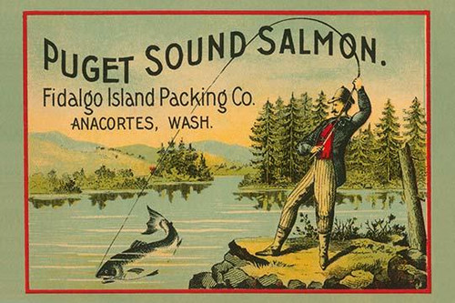 A design from a Victorian era can label for Salmon from the Fidalgo Island packing company from Anacortes, Washington featuring a man fly fishing. ...