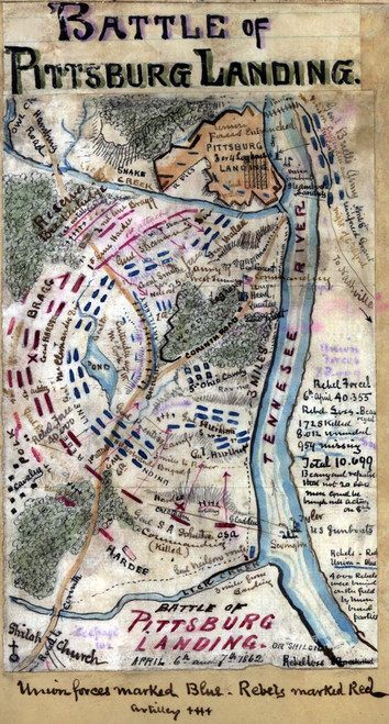 Battle of Shiloh or Pittsburg Landing.  Area surrounding Shiloh, Tenn., including Pittsburg Landing on the Tennessee River. Arrows show the direction of the Confederate assault. Poster Print by Robert Knox Sneden - Item # VARBLL0587427728