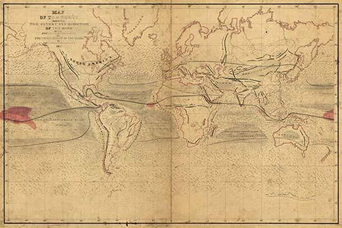 Map of the world showing the extent and direction of the wind and the route to be followed in a circumnavigation of the globe Poster Print by Captain Charles  Wilkes - Item # VARBLL0587236876