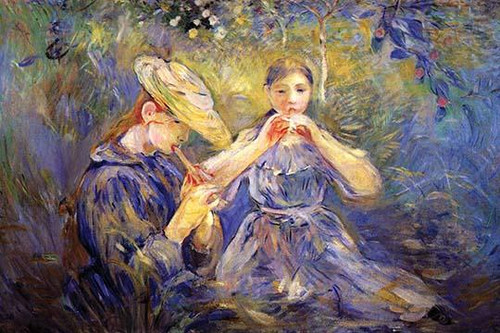 Two young girls sit in the grass playing flutes Poster Print by Berthe  Morisot - Item # VARBLL0587258527