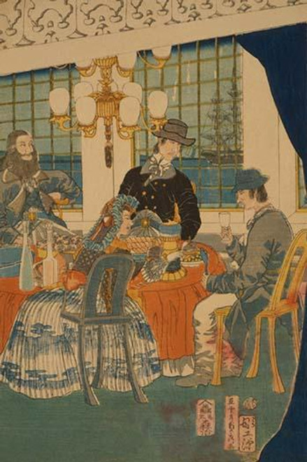Japanese print, surviving part of a triptych, showing residents dining and listening to music at a foreign settlement house in Yokohama, Japan.  Done by Sadahide Utagawa in 1861. Poster Print by Sadahide Utagawa - Item # VARBLL0587229128