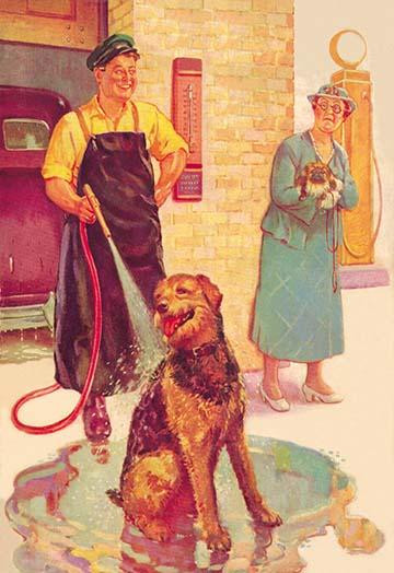 Magazine cover with a garage mechanic using a hose to wash down his dog.  A woman with a small dog in her arms stands aghast. Poster Print by unknown - Item # VARBLL0587000120