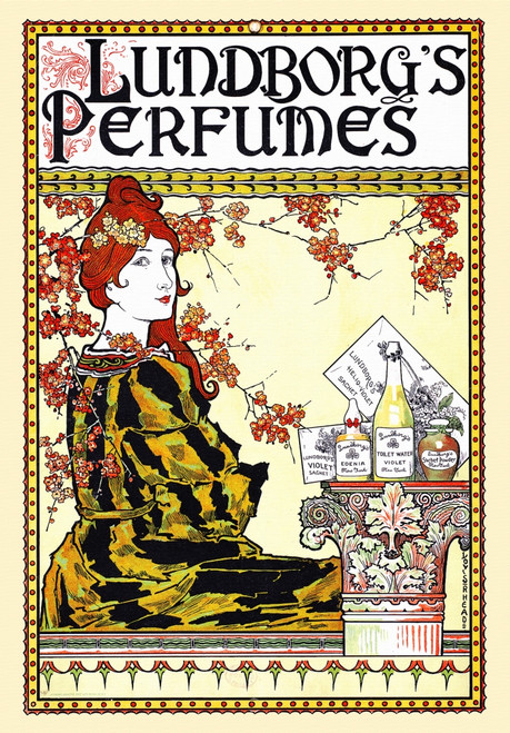 A woman looks over her shoulder with bottles of perfume next to her. Poster Print by  Louis Rhead - Item # VARBLL0587414502