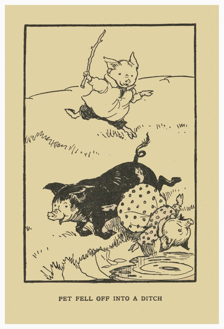 Two pig children play and ride another pig, but the girl slips and falls into the water. Poster Print by AEK - Item # VARBLL0587407204
