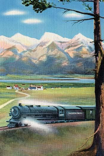 An art deco linen postcard of a Northern Pacific passenger train
