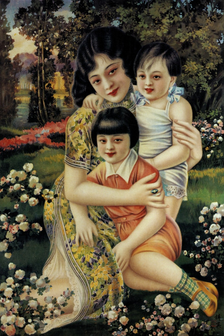 Woman sits in garden with two small children Poster Print by Zhiying Studio - Item # VARBLL0587347058