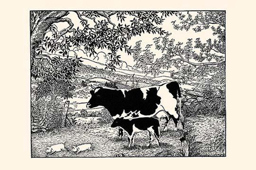 Two cows in a field watch the pigs run across the field. Poster Print by Luxor Price - Item # VARBLL0587278838