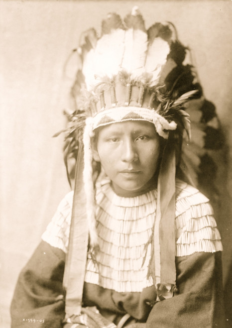 Half-length portrait of Umatilla youth in full feather headdress, beaded  buckskin shirt and shell bead necklace. Poster Print - Item #  VARBLL058747626L - Posterazzi
