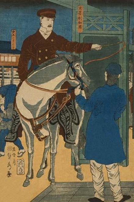 Japanese print shows an American man on horseback gesturing to his left with a whip to a man holding the bridle of his horse.  Done by Sadahide Utagawa in 1861. Poster Print by Sadahide Utagawa - Item # VARBLL0587229241 Japanese print shows an American man on horseback gesturing to his left with a whip to a man holding the bridle of his horse.  Done by Sadahide Utagawa in 1861. Poster Print by Sadahide Utagawa - Item # VARBLL0587229241