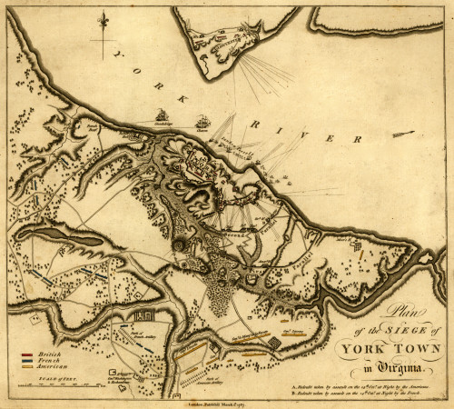 Plan of siege of Yorktown in Virginia showing positions of British, French and American armies in early October 1781. Also shown are HMS Guadeloupe and HMS Charon on the York River before their destruction. Poster Print - Item # VARBLL0587428910