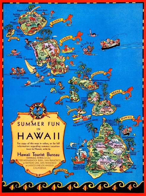 A playful map of the Hawaiian islands issued by the Hawaii Tourist Bureau Poster Print by Ruth Taylor White - Item # VARBLL0587382899
