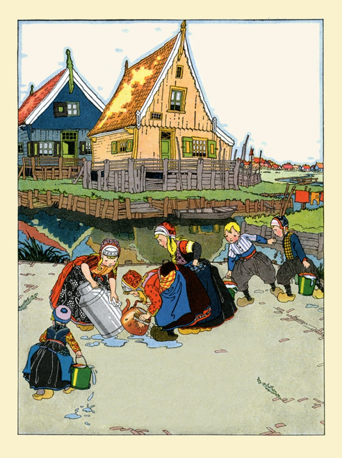 Dutch children clean pots and jugs with water from pails. Poster Print by Maud & Miska Petersham - Item # VARBLL0587410345