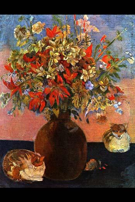 Two cats sit next to a vase of flowers Poster Print by Paul Gauguin - Item # VARBLL0587299843