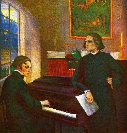 Cover to Etude magazine from February 1926.  Chopin at the Piano plays Liszt who is tandinf with a score Poster Print - Item # VARBLL0587436190