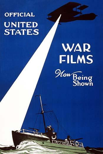 Official United States war films now being shown; an airplane casting a searchlight on the water, as a sailor on a small gunboat peers through binoculars. Poster Print by unknown - Item # VARBLL0587233931