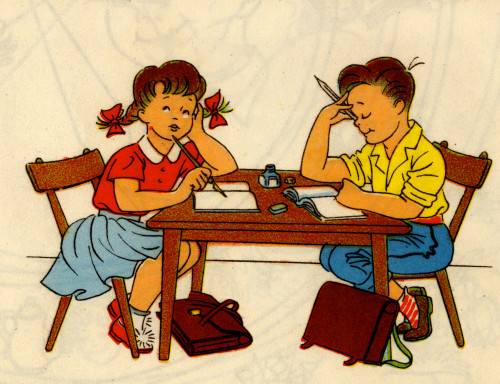 Girl holds pen and boy holds pencil & Reads book Poster Print - Item # VARBLL058759510L
