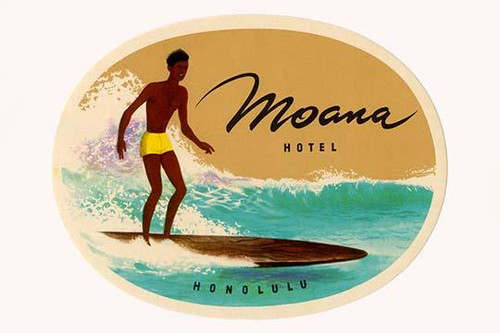 A vintage luggage label from Honolulu, Hawaii featuring a man surfing.  This label was distributed by the Moana Hotel.  The hotel opened in 1901 and was the first large scale hotel on the islands. Poster Print by unknown - Item # VARBLL0587230215
