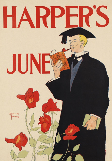 A man wearing cap and gown reads a magazine while smoking a pipe. Poster Print by  Edward Penfield - Item # VARBLL0587415444