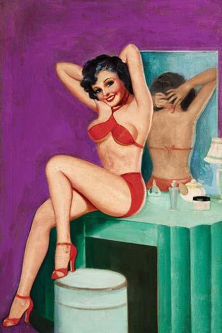 Beautiful Girl in High Heels & two piece suit sits on her art deco dressing table with mirror behind as she fixes her hair Poster Print by Peter Driben - Item # VARBLL0587285680