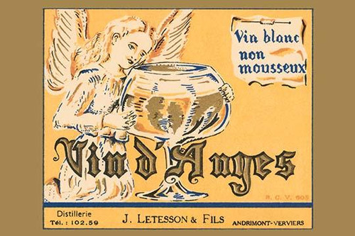 Wine of Angels.  This bottle label features an angel lovingly hold a large glass of white wine. Poster Print by Unknown - Item # VARBLL0587239956