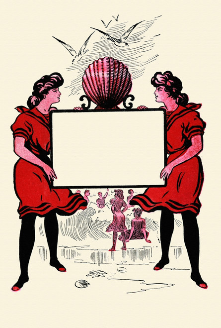 Two Victorian women in period swimsuits at the beach hold up a sign.  This image was taken from a postcard at a resort where something would be written in the blank space. Poster Print by unknown - Item # VARBLL0587382643