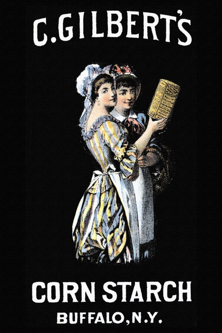 Victorian trade card for C. Gilbert's Corn Starch from Buffalo New York.  Two women against a black background hold aloft the package of starch. Poster Print by unknown - Item # VARBLL0587392045