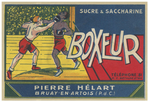 Bottle label for a lemon soda sweetened with sugar and saccharine.  The art feature a pair of boxers fighting in the ring.  "Boxeur Sucre &Saccharine Pierre Helart Bruay en Artois" Poster Print by unknown - Item # VARBLL058746254x