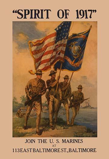 Marines charge up a beach with rifles and flags leading the way.  "Join the U.S. Marines at 113 East Baltimore St., Baltimore."  The poster was often printed with different recruitment locations. Poster Print by unknown - Item # VARBLL0587204974