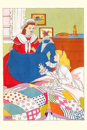A woman holds a dress in front of a young girl and offers her a dress. Poster Print by Angela Price - Item # VARBLL0587303239