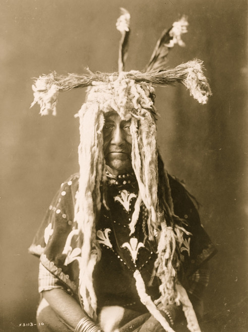 Piegan woman, half-length portrait, seated, facing front, wearing headdress made of ermine tails, feathers, and bunches of grass. Poster Print - Item # VARBLL058747155L