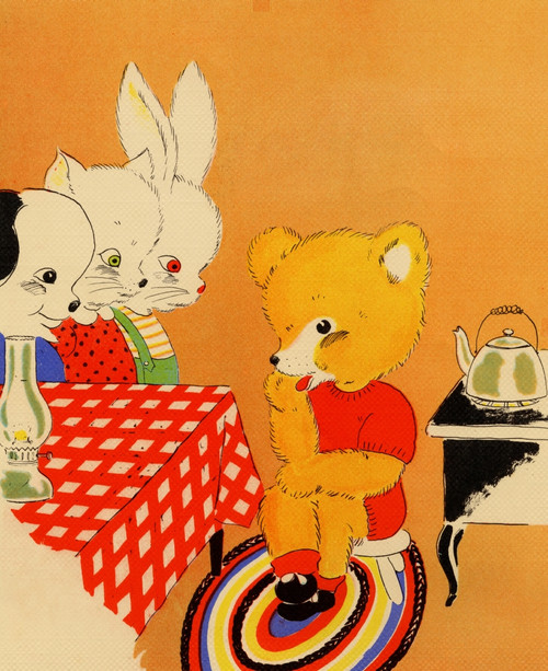 Bear sits waiting for tea  to boil as Cat, dog and bunny look on Poster Print - Item # VARBLL058759586L
