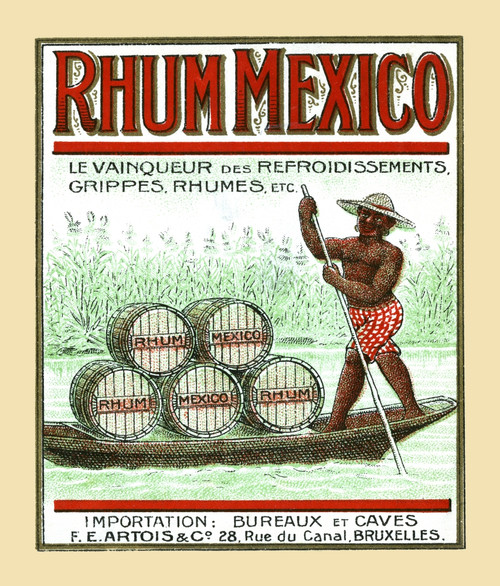 Vintage bottle label for Rhum Mexico from Belgium.  Shows a native man bringing barrel of the liquor on a canoe. Poster Print by unknown - Item # VARBLL0587355905
