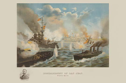 U.S. warships under command of Rear Admiral Sampson bombarding San Juan, Porto Rico, May 12 1898. Head-and-shoulders portrait of Rear Admiral Sampson in left lower corner. Poster Print - Item # VARBLL0587237384