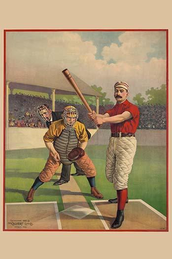 batter standing at home plate with catcher and umpire awaiting the pitch; view is from the pitcher's mound, with grandstand visible in the background. Poster Print by Calvert - Item # VARBLL0587235748