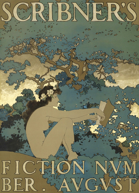 A nude woman wearing a crown of flowers sits reading. Poster Print by  Maxfield Parrish - Item # VARBLL0587413891