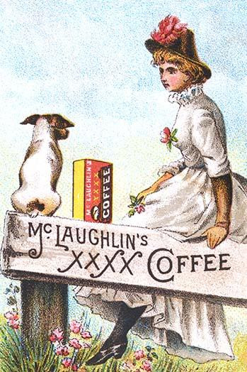 A Victorian advertising trade card showing a dog and woman sitting on a fence with a box of coffee. Poster Print by unknown - Item # VARBLL0587341661