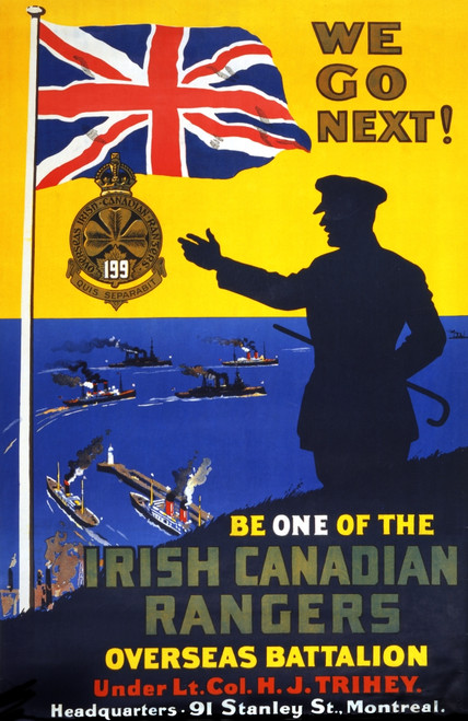 Poster shows silhouette of soldier on hill waving to troop ships leaving port; on left side, the British flag and emblem of the Overseas Irish Canadian Rangers. Poster Print - Item # VARBLL0587441674
