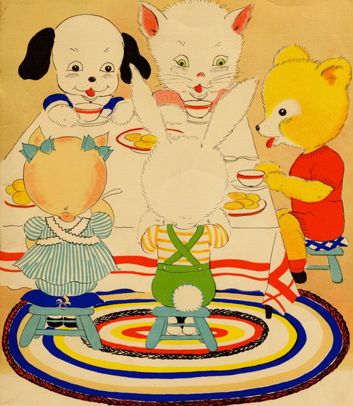 Anthropomorphic pig, bunny, kitten and dog dine at table together Poster Print - Item # VARBLL058759589L