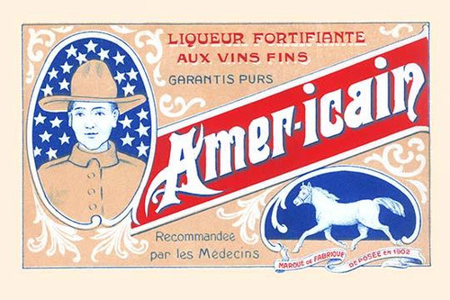 Label for a medicinal liquor showing a horse and a "doughboy" also known as an American soldier. Poster Print by unknown - Item # VARBLL0587340142