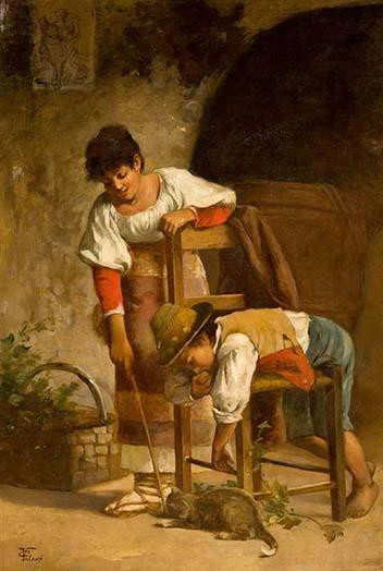 Painting of peasants and a cat by CARLO VALENSI Poster Print by Carlo Valensi - Item # VARBLL058729969x