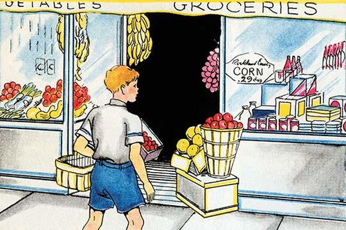 A boy enters the grocery store to pick up food. Poster Print by Julia Letheld Hahn - Item # VARBLL0587274999