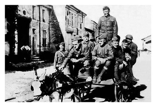 Photograph of a group of American "doughboys" soldiers on a cart pulled by a donkey, in Europe, on deployment during World War I. Poster Print by unknown - Item # VARBLL0587032200