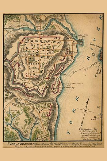 Shows the street plan of Yorktown and the fortifications surrounding the town following the Confederate removal up the Peninsula. The York River and the town of Gloucester Point are also indicated. Poster Print by Unknown - Item # VARBLL0587233702