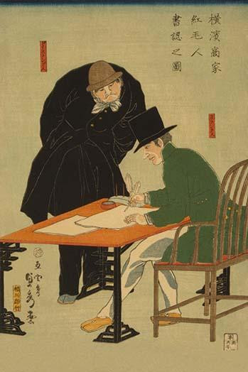Japanese print shows a Dutch man and a German man drawing up a contract in a mercantile house in Yokohama, Japan.  Done by Sadahide Utagawa in 1861. Poster Print by Sadahide Utagawa - Item # VARBLL0587229268