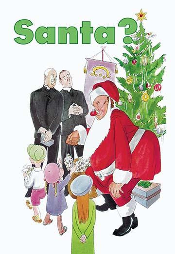 Santa Claus with red nose distributing gifts to children while two priests look on, _I_m glad Brother Tupper_s nose is legal again,_ art by Dorothy McKay.  December 1933. Poster Print by Dorothy McKay - Item # VARBLL0587024623
