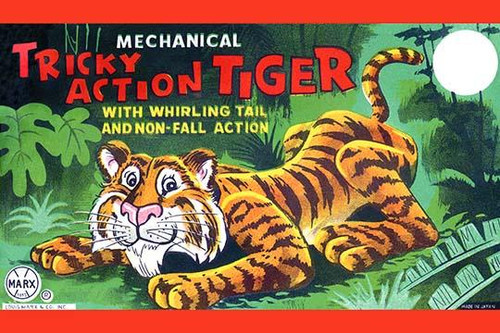 A tiger ready to pounce.  Graphic art from an antique Japanese tin children's toy from the 1950's.  Often the box art was much more enjoyable than the toy inside. Poster Print by Unknown - Item # VARBLL0587224452